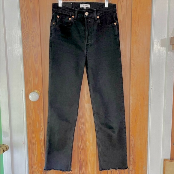 RE/DONE 70s High Rise Stove Pipe Black Jeans Washed Noir Denim Button Fly Sz 26 - Picture 15 of 15